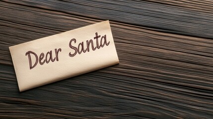 A vintage envelope with Dear Santa written on it, resting on a rustic wooden surface, Ideal for holiday marketing, greeting cards, or festive promotions, capturing the spirit of Christmas wishes,