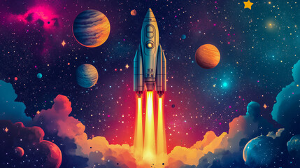 spaceship launching into space, surrounded by stars and glowing planets