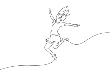 Continuous One Line Drawing of Woman Jumping. Happy Woman Jumping Single Line Drawing Black Sketch Isolated on White Background. Linear Graphic Vector Illustration for Minimalist Design