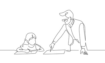 Teacher and Girl Student at School Silhouette Continuous One Line Art Drawing. Vector Illustration of Education Process in Line Art Style. Minimalist Outline Illustration for Education Design