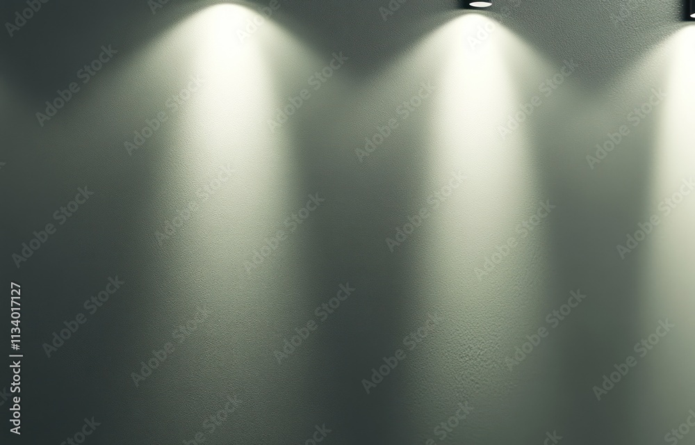 Poster three spotlights illuminate a textured grey wall, creating distinct light beams.