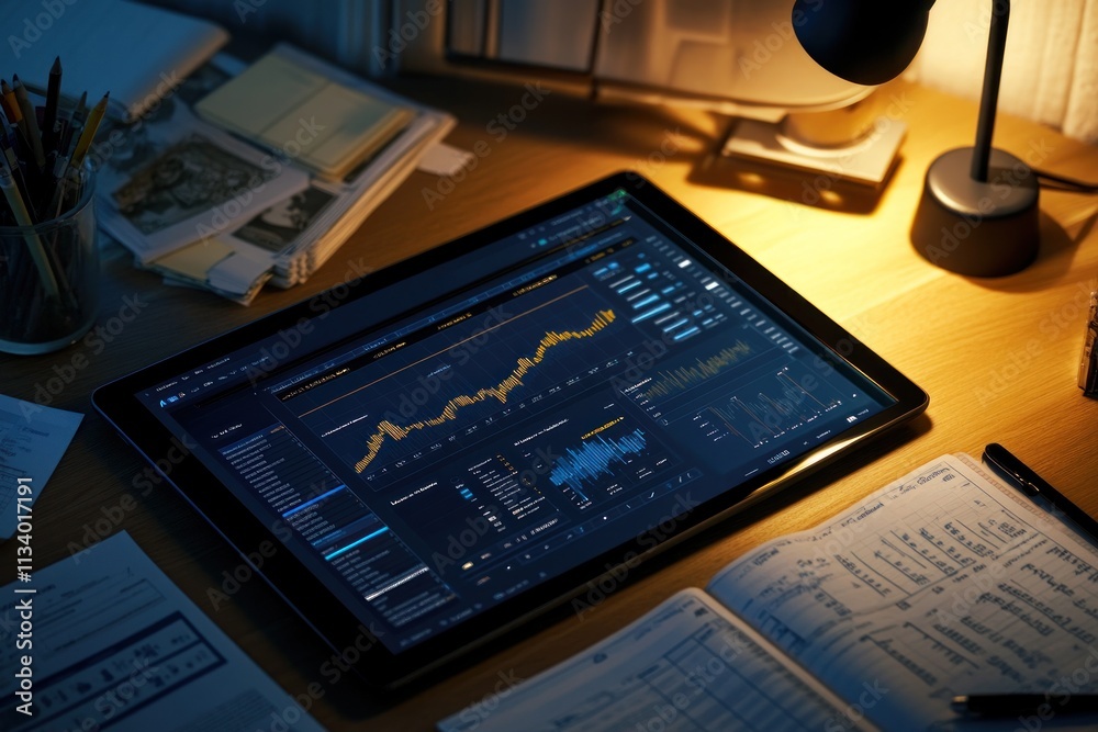 Poster tablet displaying financial charts on a desk at night.