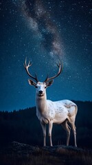 Fototapeta premium A majestic white deer with perfect antlers, on the mountain and the view of the stars in the beautiful sky