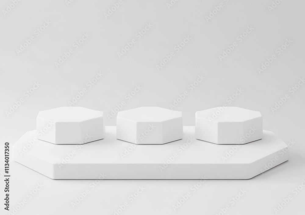 Poster Three white hexagonal podiums on a larger hexagonal base, isolated on white background.