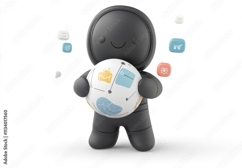 Poster happy character holding a sphere with icons representing data management, organization, and connecti