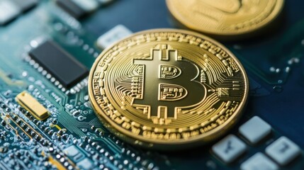 bitcoin cryptocurrency on circuit board