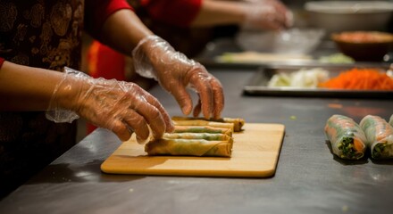 Obraz premium Lunar New Year Preparations Making Spring Rolls in a Busy Kitchen