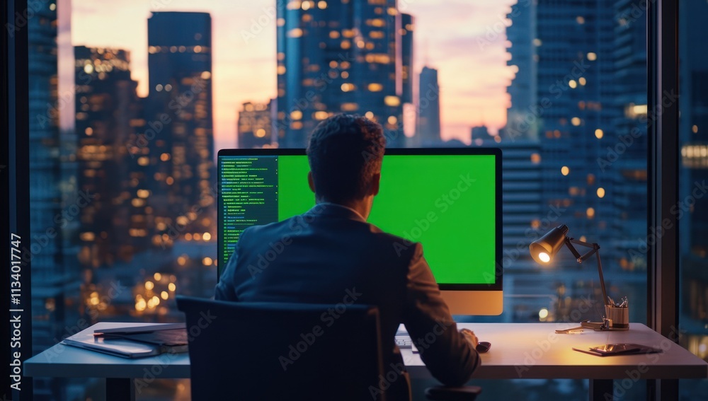 Poster man in suit codes at computer, city sunset view.