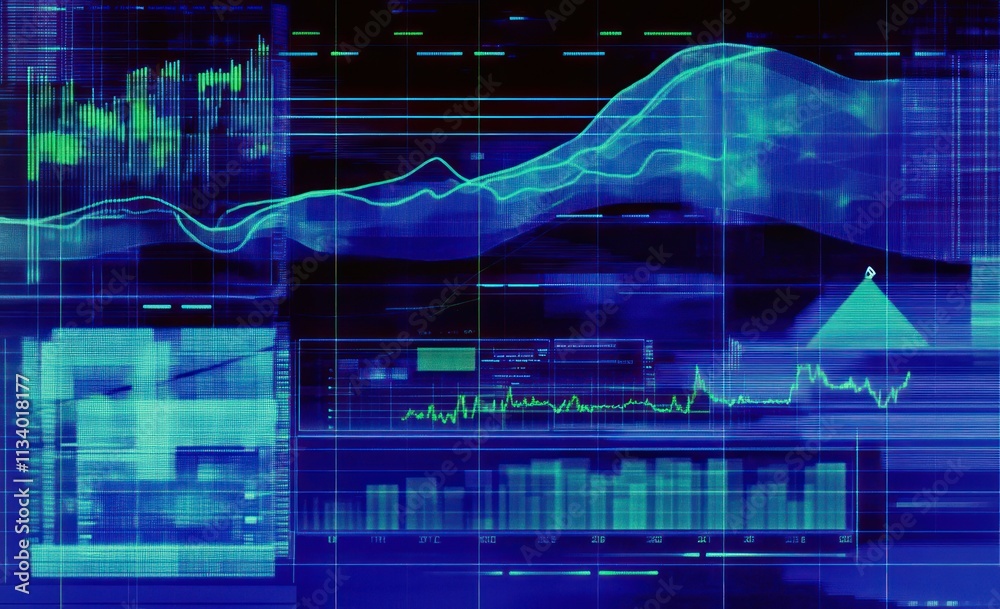 Poster Abstract data visualization with graphs, charts, and lines.