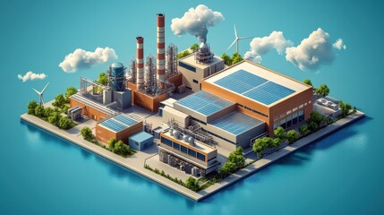 Isometric view of a modern, eco-friendly factory with solar panels and wind turbines. Illustrates sustainable energy production and industrial design.