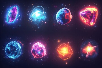 Intricate Celestial Orbs Sci Fi Asteroids Comets and Nebulae in Glimmering Holographic Textures