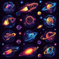 Futuristic Cosmic Iconography Featuring Glowing Asteroids Rockets and Distant Galaxies