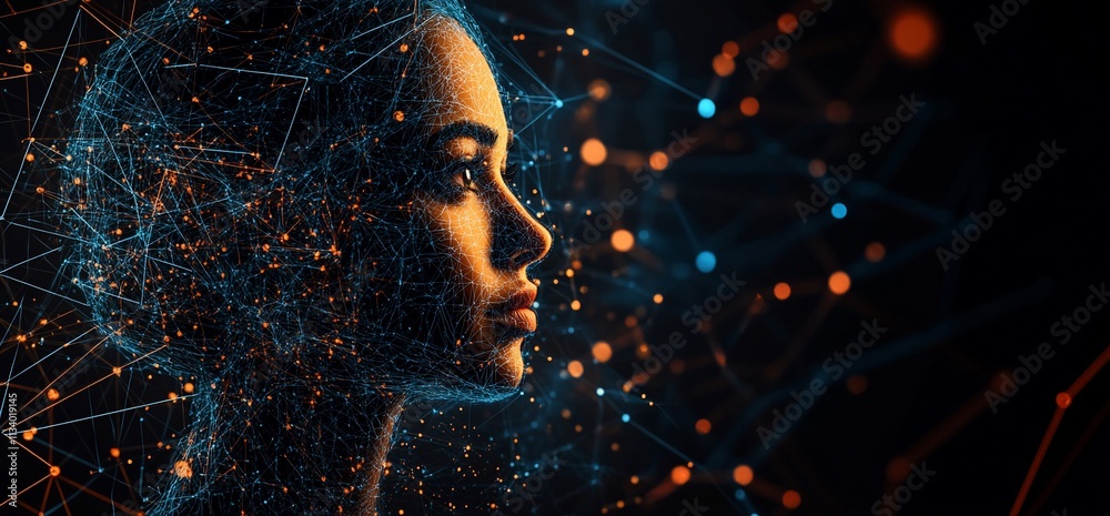 Poster a digital representation of a woman's profile with a network of connections.