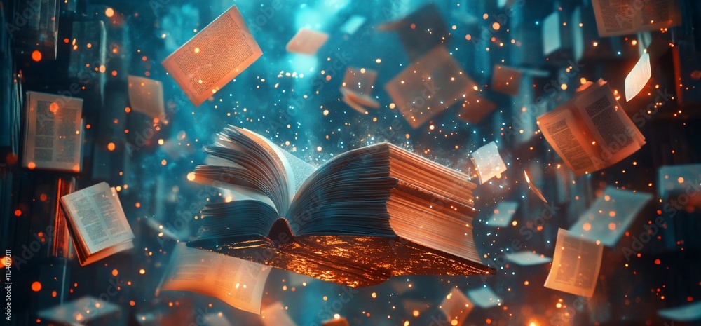 Poster A floating open book surrounded by glowing, scattered pages and particles.
