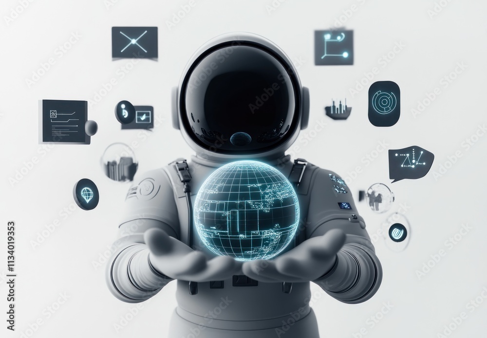 Poster astronaut holding a digital globe with data icons.