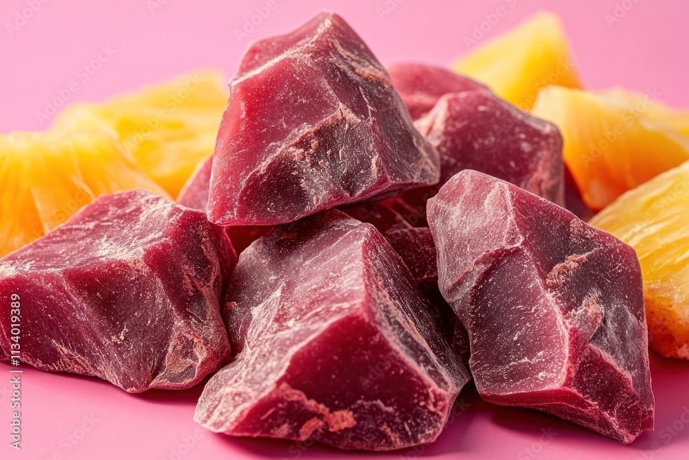 Poster close-up of raw cacao nibs and pineapple chunks on pink background.