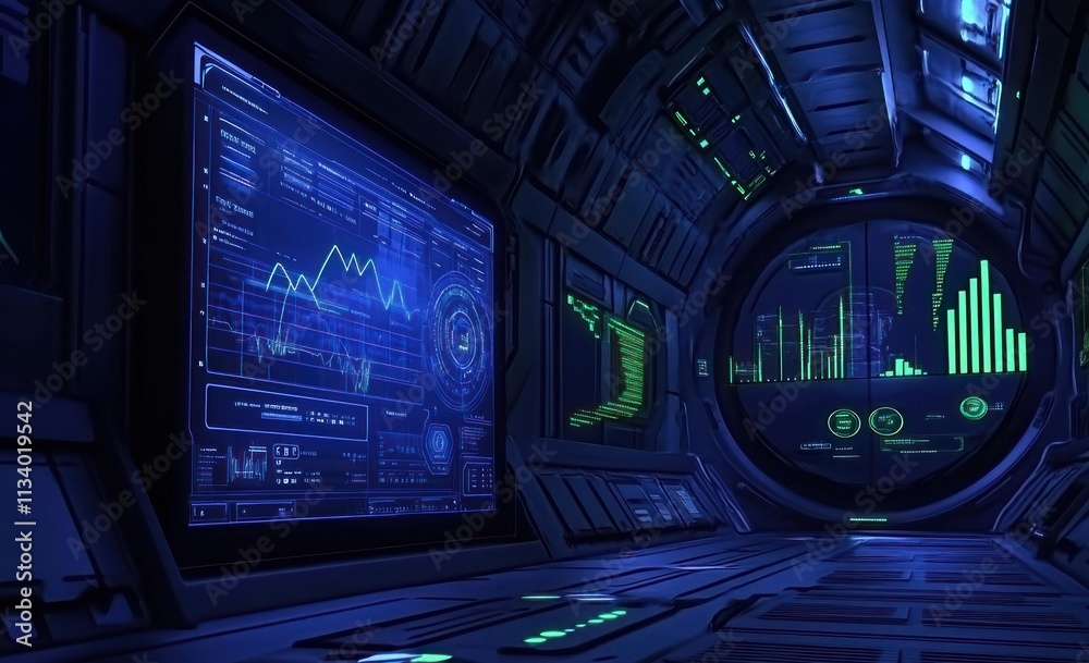 Poster Futuristic spaceship corridor with glowing monitors displaying data and graphs.