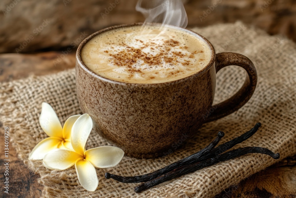 Poster steaming cappuccino in rustic mug with vanilla beans and plumeria flowers.