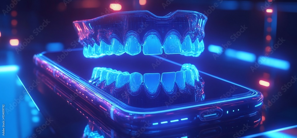 Poster a futuristic dental device displayed on a smartphone in a neon-lit setting.