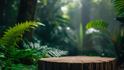 Forest Scene with Wooden Tree Stump Podium Surrounded by Lush Green Foliage