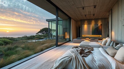 Contemporary bedroom interior with minimalist design features a large window revealing a serene ocean view at sunset. Soft lighting enhances