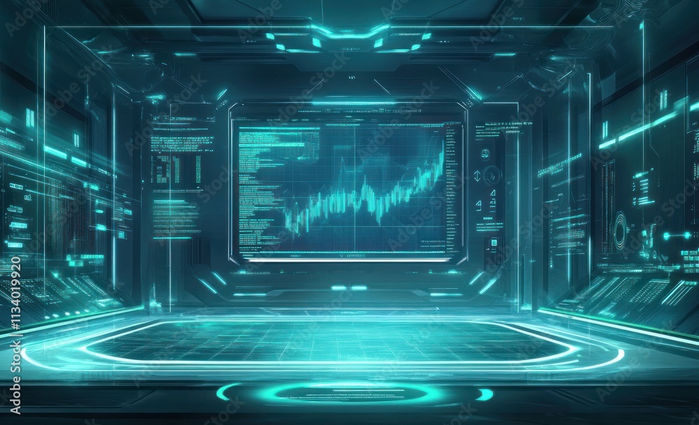 Aufkleber Futuristic digital room with glowing interfaces and data visualizations on large screen.