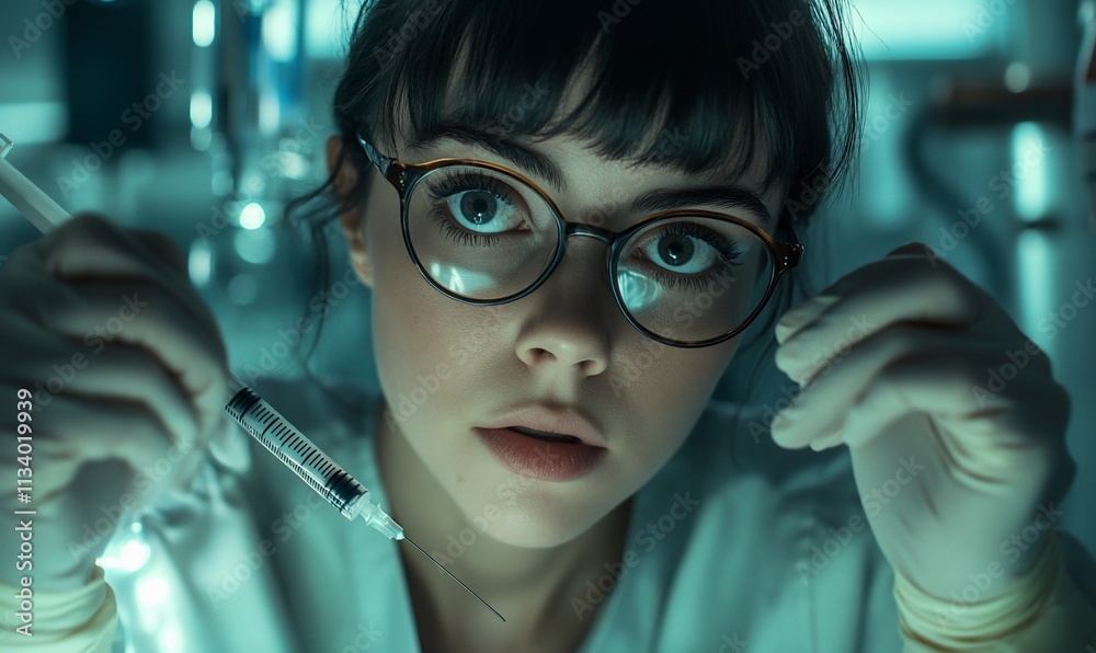 Poster A focused scientist preparing a syringe in a laboratory setting.