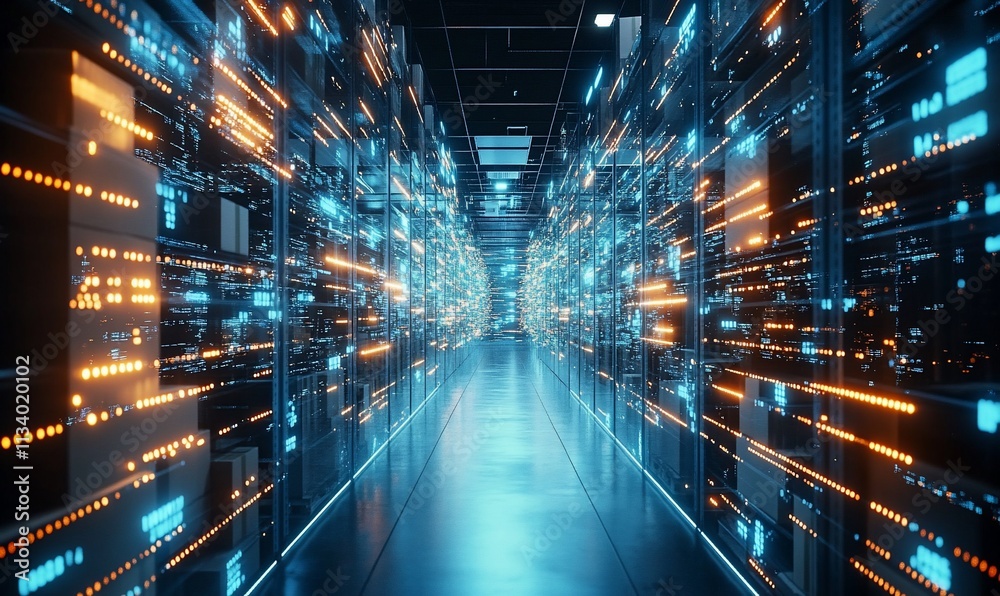 Poster A futuristic data center with glowing servers and illuminated pathways.