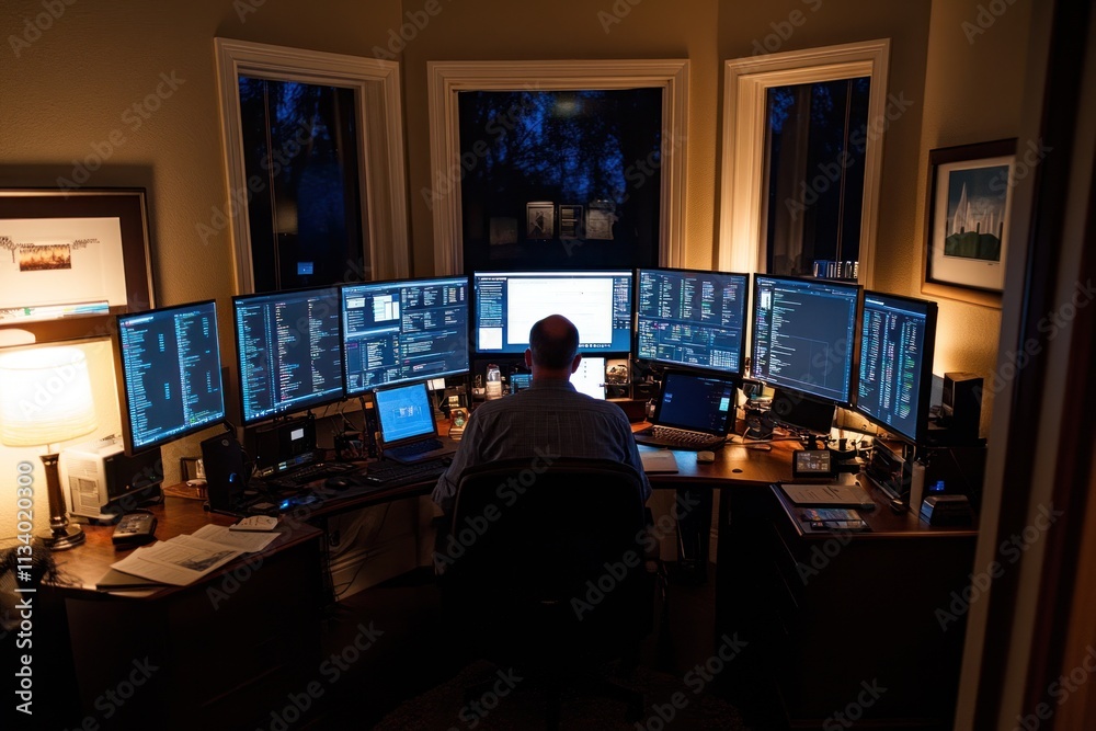 Poster man working late at night in home office with multiple monitors.