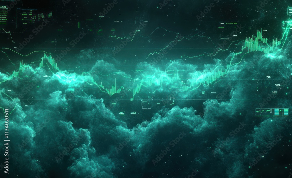 Aufkleber Abstract teal cloudscape with glowing financial graphs overlaid.