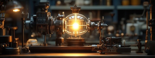 Illuminating experiment of a vintage electric lamp laboratory science equipment industrial setting close-up view innovation insights