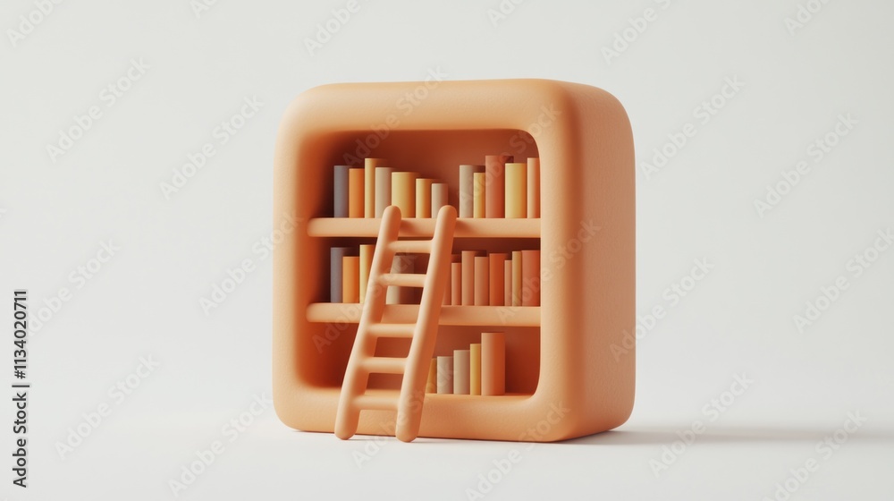 Poster Minimalist 3D render of a bookshelf with a ladder, showcasing knowledge and learning.