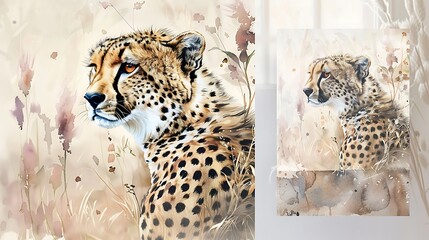 A watercolor painting of a cheetah on a savanna wall, with soft, natural colors and detailed spots.