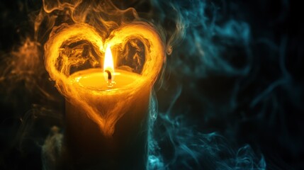 A single candle flame forms a heart shape in the smoke.