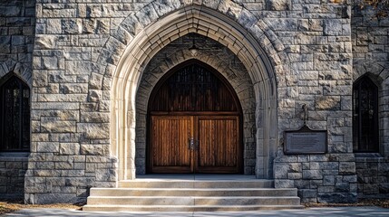 Fototapeta premium Exterior view of a stone church entrance with wooden double doors and a stone stairway.