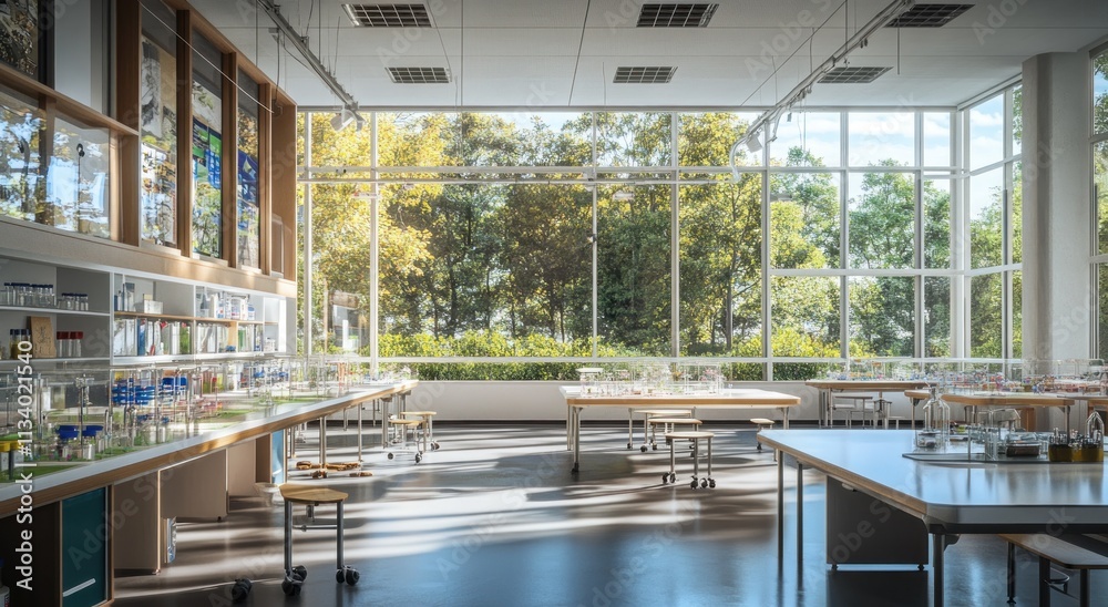 Poster bright, modern science lab with large windows overlooking a lush green landscape.