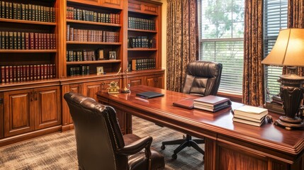 Fototapeta premium luxurious home office with rich wood furnishings and extensive b