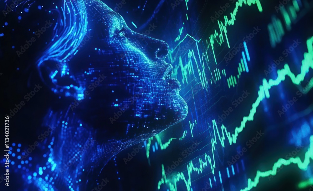 Aufkleber abstract digital face profile with glowing lines and stock market chart.