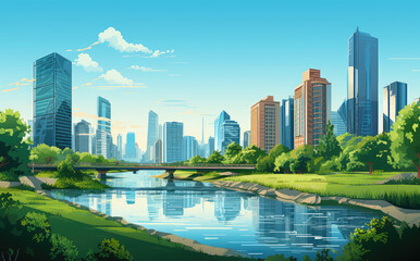 Fototapeta premium Urban Oasis: City Skyline Meets Lush Park