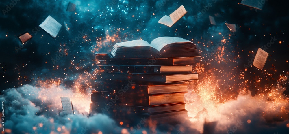 Poster a magical scene of floating books amidst vibrant colors and sparks.