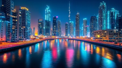 Fototapeta premium Dubai Cityscape at Night, Long Exposure (16K Resolution)