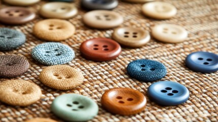 Obraz premium Colorful buttons arranged on woven fabric. Various colors and styles of buttons. Close-up view. Sewing supplies. Craft project.