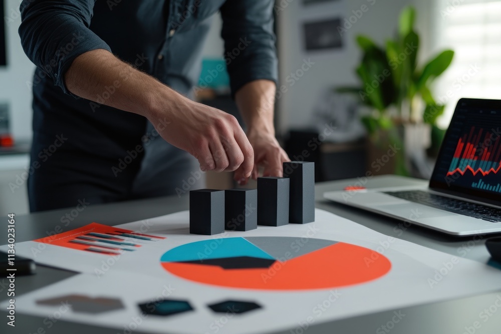 Aufkleber Man building bar chart model from blocks on desk with laptop and financial reports.