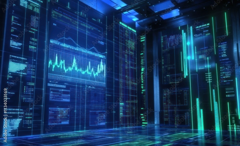 Leinwandbilder futuristic digital data center with glowing screens displaying graphs and charts.
