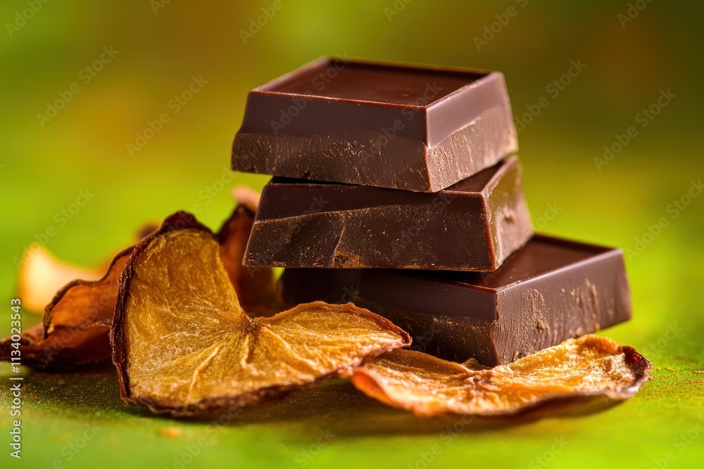 Poster dark chocolate squares stacked with dried apple slices on green background.