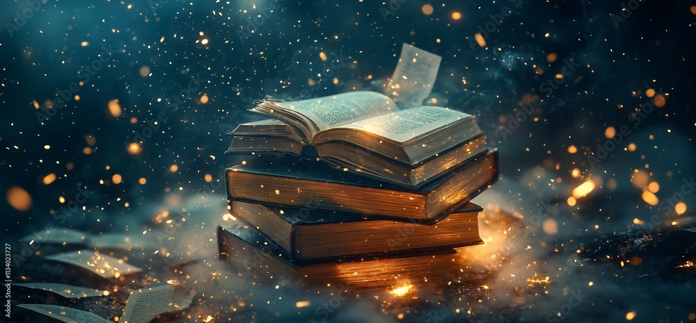 Poster A stack of books surrounded by mystical light and floating pages.