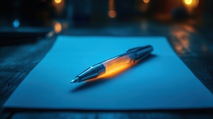Captivating moment illuminated pen on paper cozy workspace creative writing warm atmosphere close-up perspective inspiration