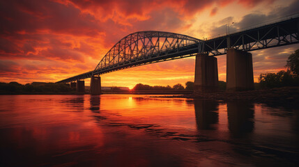 Naklejka premium Majestic Sunset Over Tranquil River Bridge