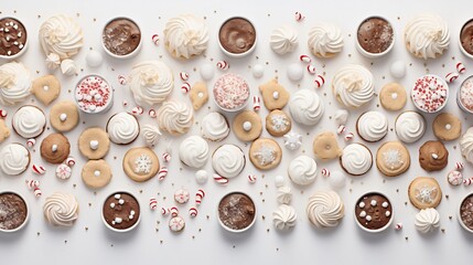 A cozy and inviting spread of fluffy marshmallows and steaming hot cocoa cups surrounded by an assortment of delicious Christmas themed cookies on a clean pristine white background