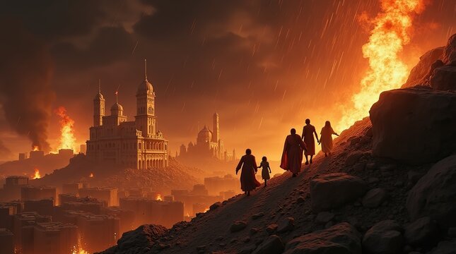 Dramatic Nighttime Escape from Sodom and Gomorrah in Flames